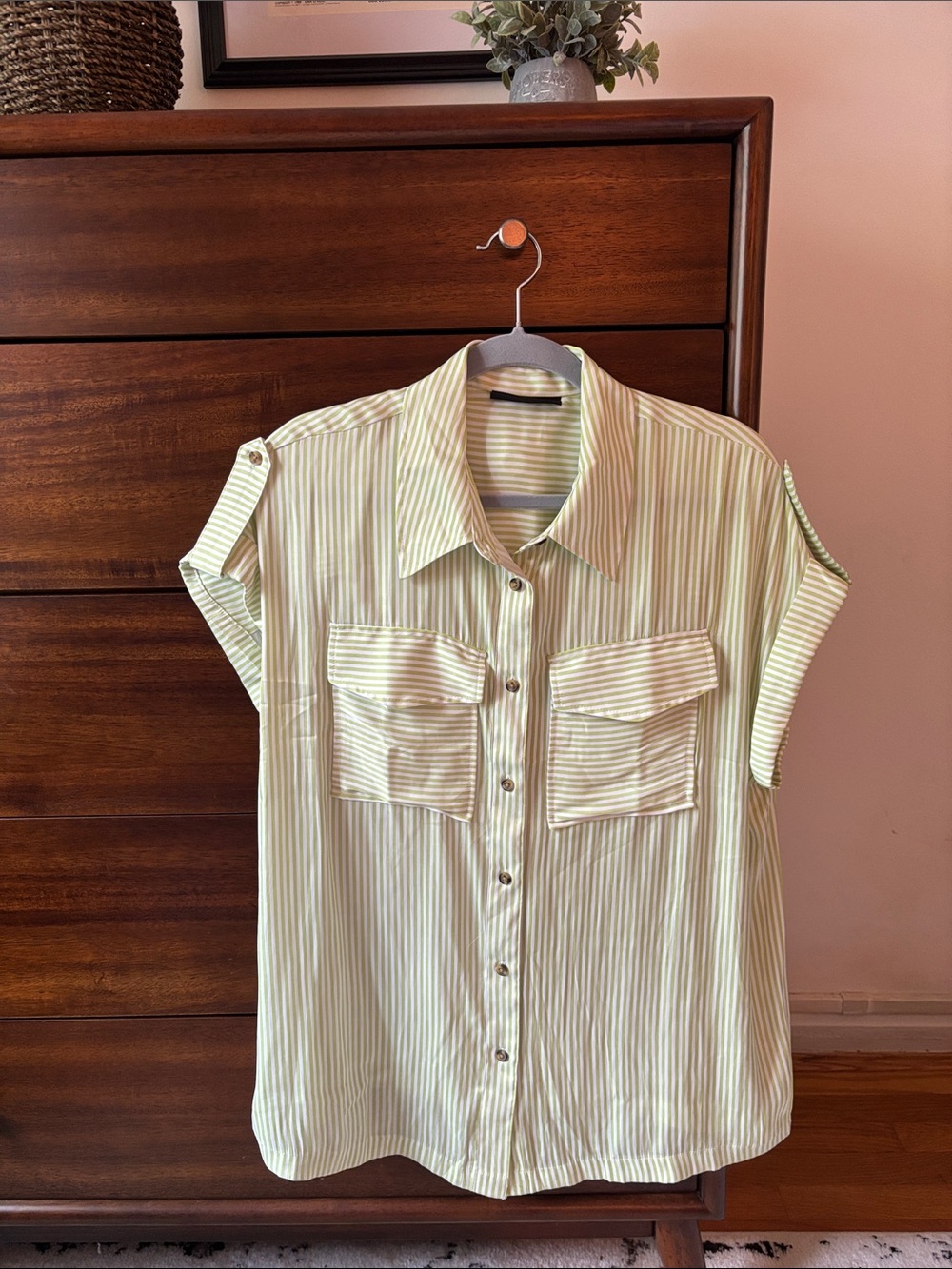 Lane Bryant Lime Green and White Striped Short-Sleeve Button-Front Shirt